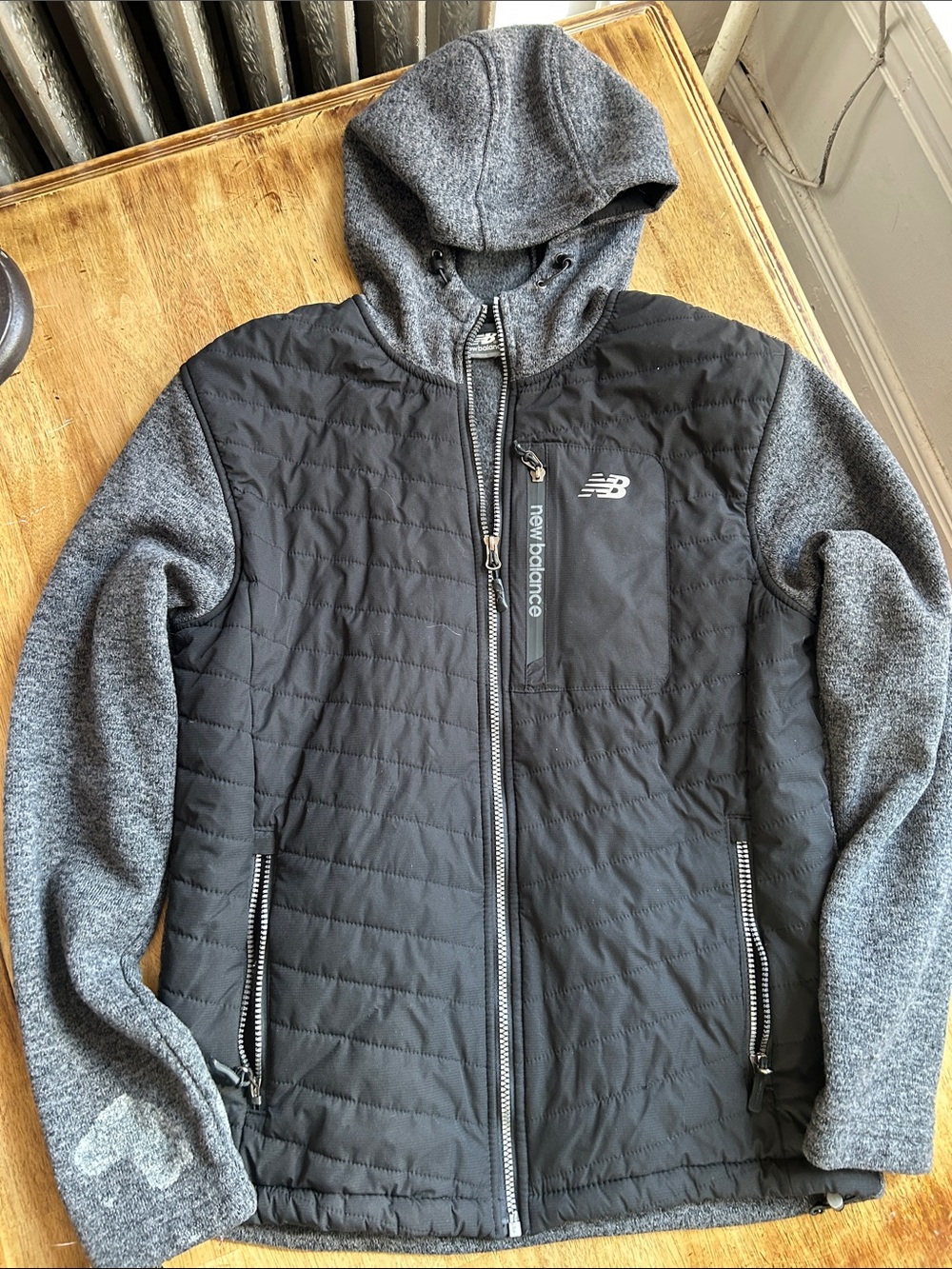 New Balance Men's Black Quilted Body with Gray Knit Sleeve Hooded Jacket